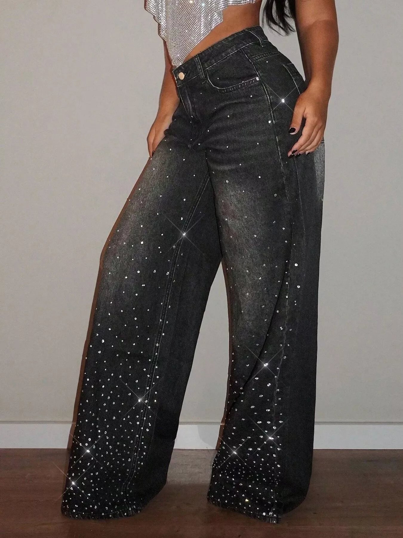Black rhinestone wide-leg jeans from Trendsi featuring a relaxed fit and embellished details, perfect for casual or stylish looks.