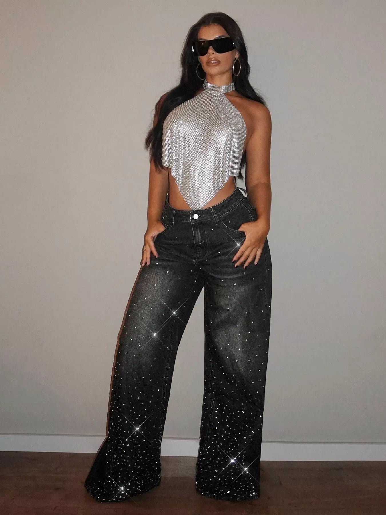 Black Rhinestone Wide-Leg Jeans by Trendsi featuring rhinestone embellishments and a relaxed, wide-leg fit.