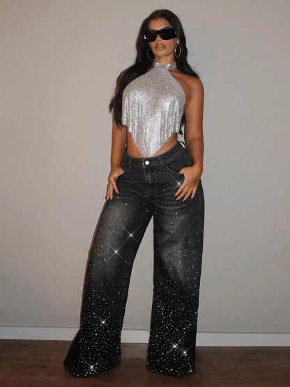 Black Rhinestone Wide-Leg Jeans by Trendsi featuring rhinestone embellishments and a relaxed, wide-leg fit.