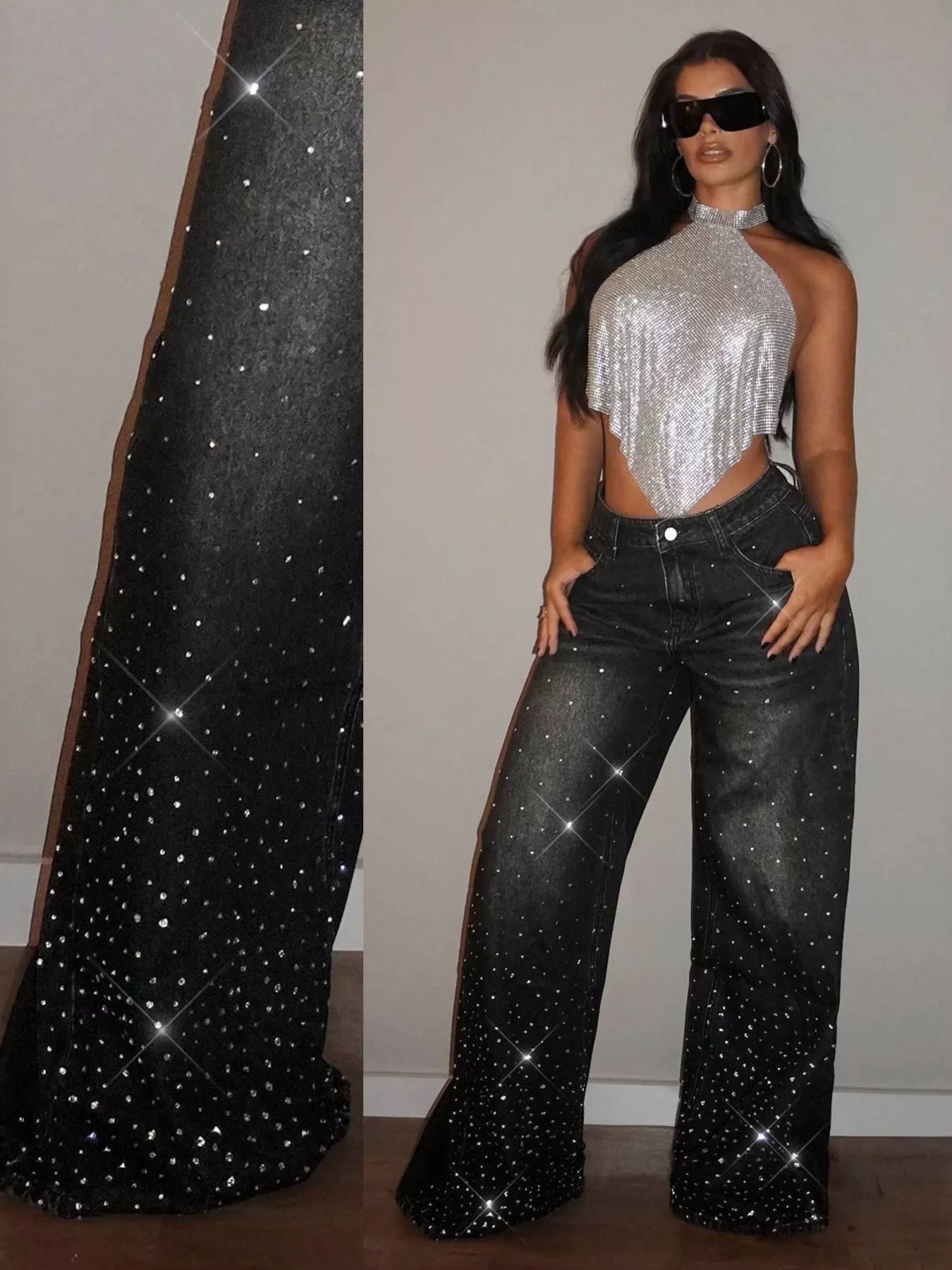 Black rhinestone wide-leg jeans by Trendsi featuring sparkling rhinestone details and a relaxed, wide-leg fit.
