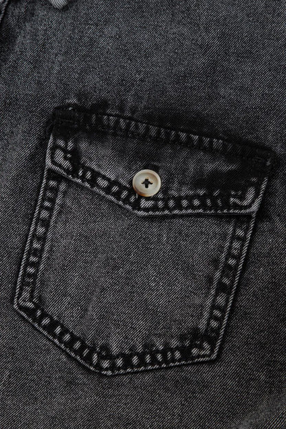 Black short sleeve denim shirt by Trendsi with flap pockets, button-up front, and raw hem for a casual, stylish look.