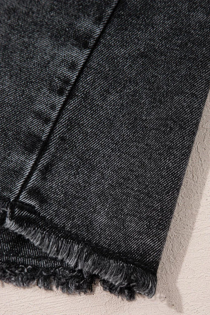 Black short sleeve denim shirt with flap pockets, button-up front, and raw hem from Trendsi, casual and stylish for everyday wear.