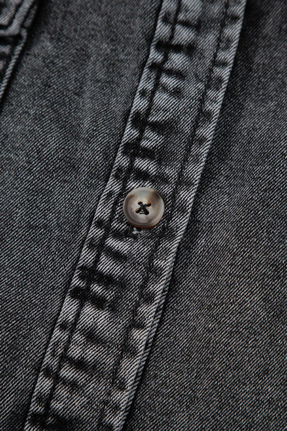 Black short sleeve denim shirt with flap pockets, button-up front, and raw hem from Trendsi.