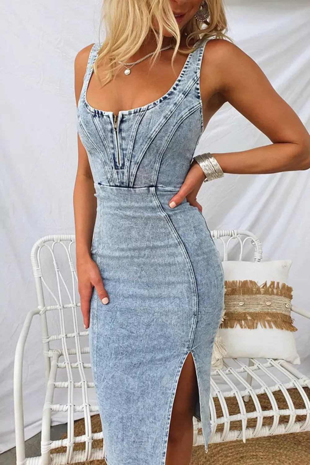 Black washed denim dress with side slit, scoop neckline, and casual fit from Trendsi, perfect for everyday wear.