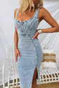Black washed denim dress with side slit, scoop neckline, and casual fit from Trendsi, perfect for everyday wear.
