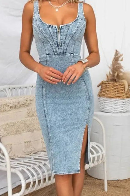 Black washed denim dress with a scoop neck and side slit, featuring a casual and stylish fit from Trendsi.