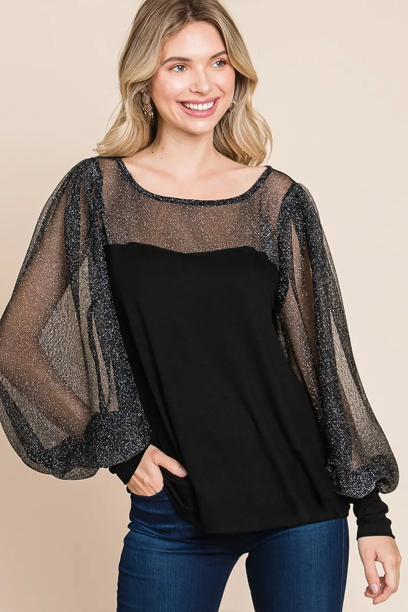 Black metallic mesh lantern sleeve blouse from Super Lady by Trendsi, showcasing full-size fit and stylish lantern sleeves.