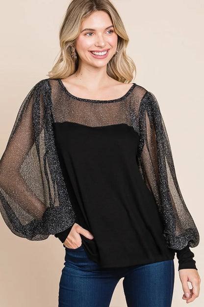 Black metallic mesh lantern sleeve blouse from Super Lady by Trendsi, showcasing full-size fit and stylish lantern sleeves.