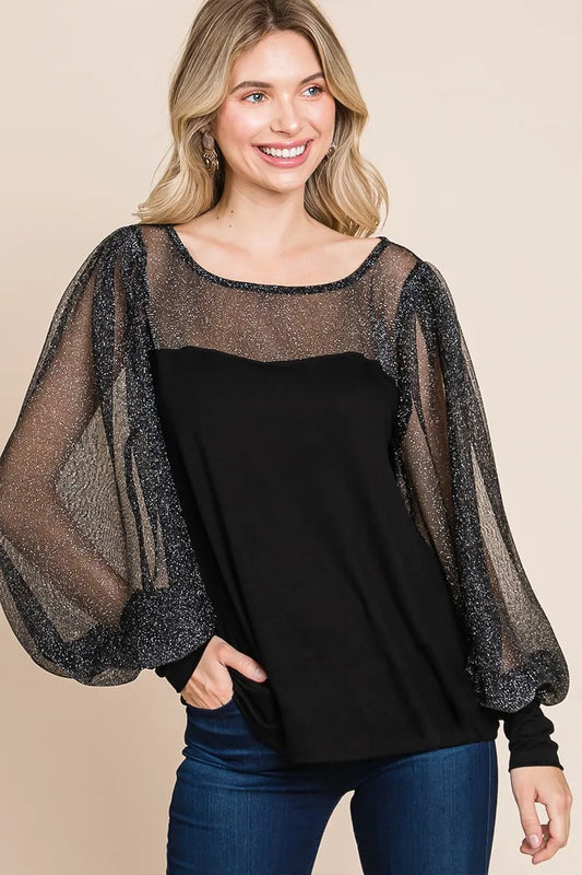 Black metallic mesh lantern sleeve blouse from Super Lady by Trendsi, showcasing full-size fit and stylish lantern sleeves.