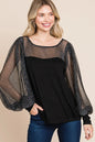 Black metallic mesh lantern sleeve blouse from Super Lady by Trendsi, showcasing full-size fit and stylish lantern sleeves.