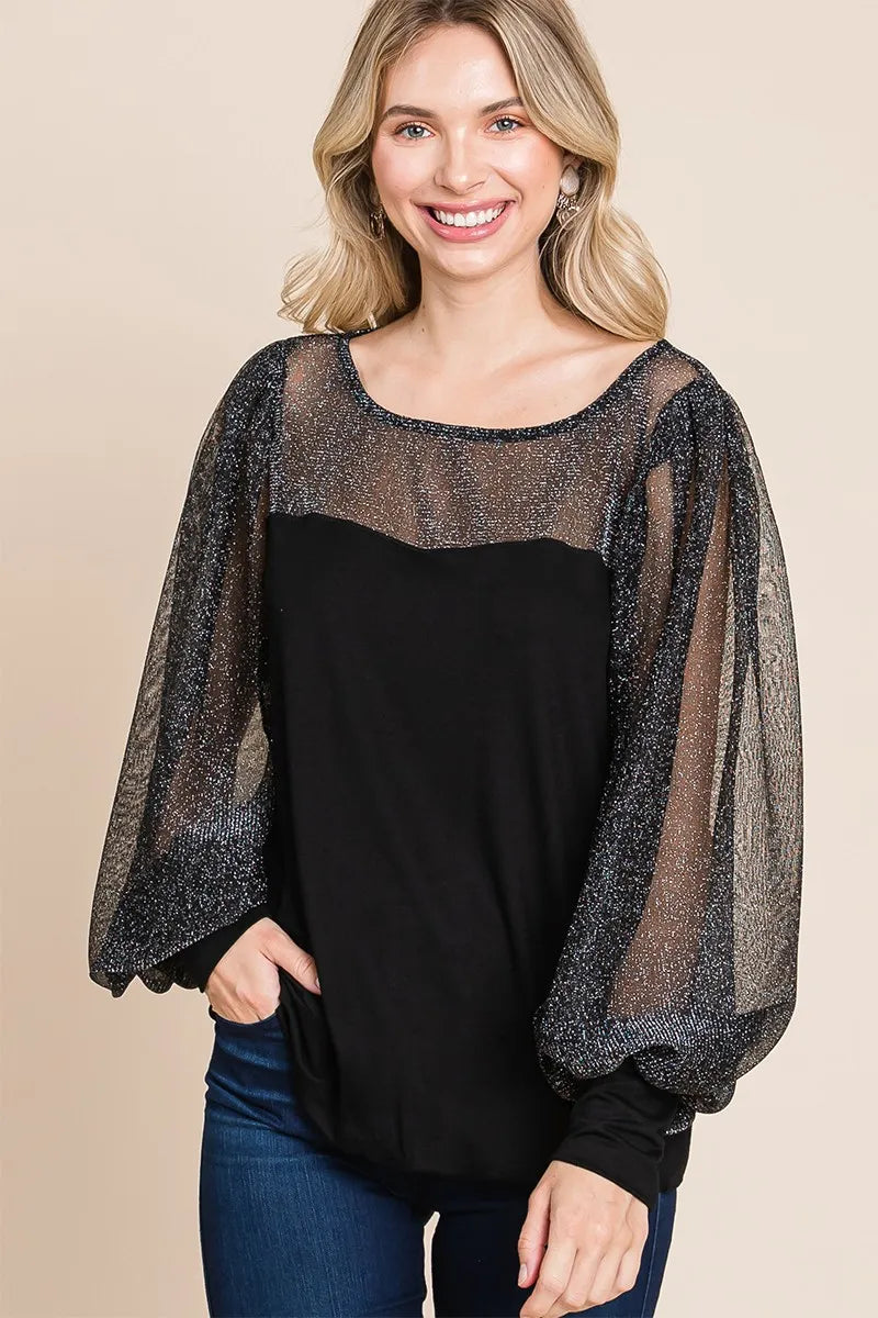 Black metallic mesh lantern sleeve blouse by Trendsi, featuring full size fit and stylish lantern sleeves.