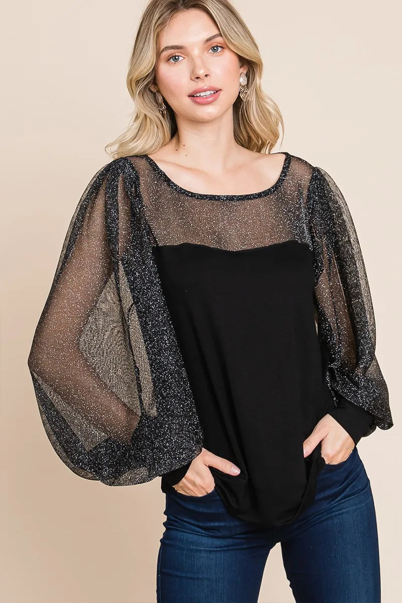 Black metallic mesh lantern sleeve blouse from Super Lady by Trendsi, featuring full size and stylish lantern sleeves.