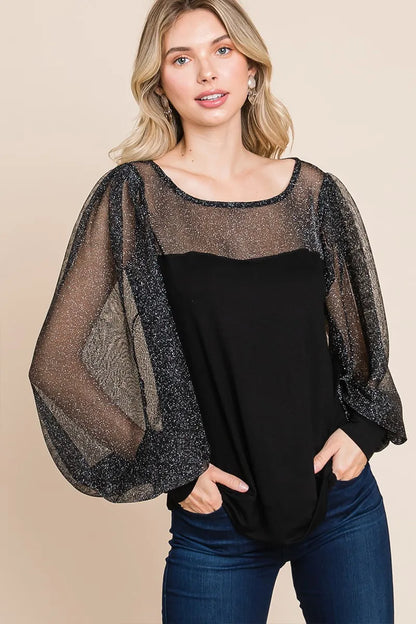 Black metallic mesh lantern sleeve blouse from Super Lady by Trendsi, featuring full size and stylish lantern sleeves.
