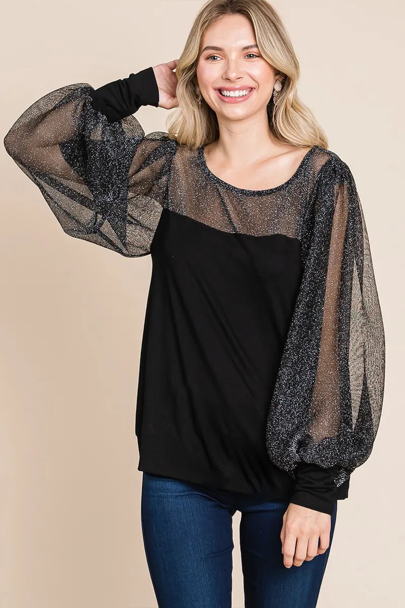 Black metallic mesh lantern sleeve blouse from Super Lady by Trendsi, featuring full size and stylish lantern sleeves.