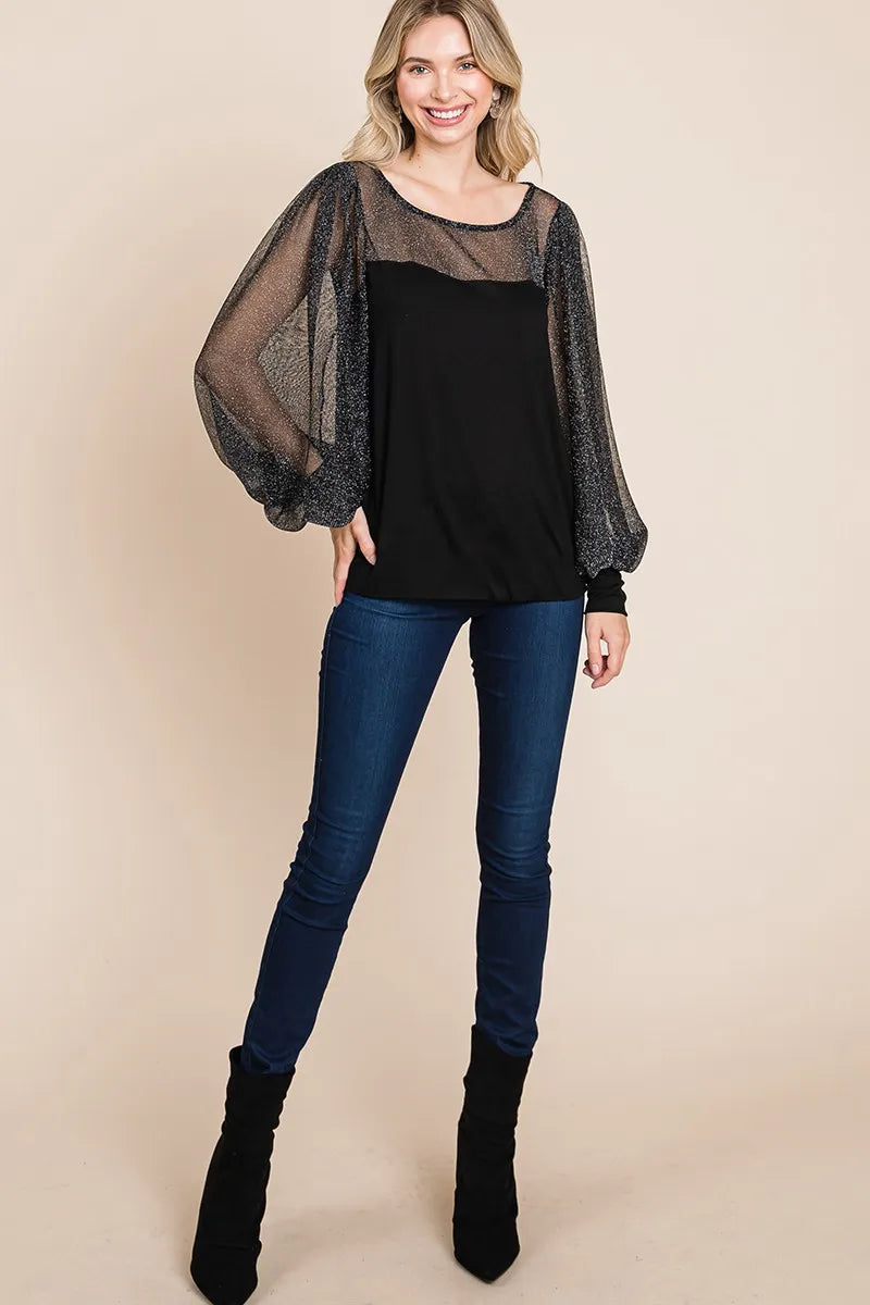 Black metallic mesh lantern sleeve blouse from Super Lady, full size, stylish and trendy women's top by Trendsi.