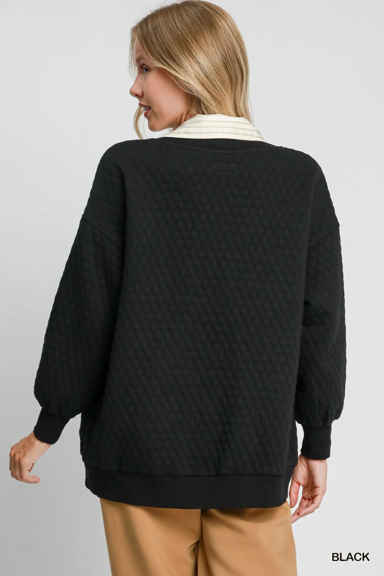 Black Umgee button-up jacquard cardigan with intricate knit pattern, styled with a classic collar and button front.