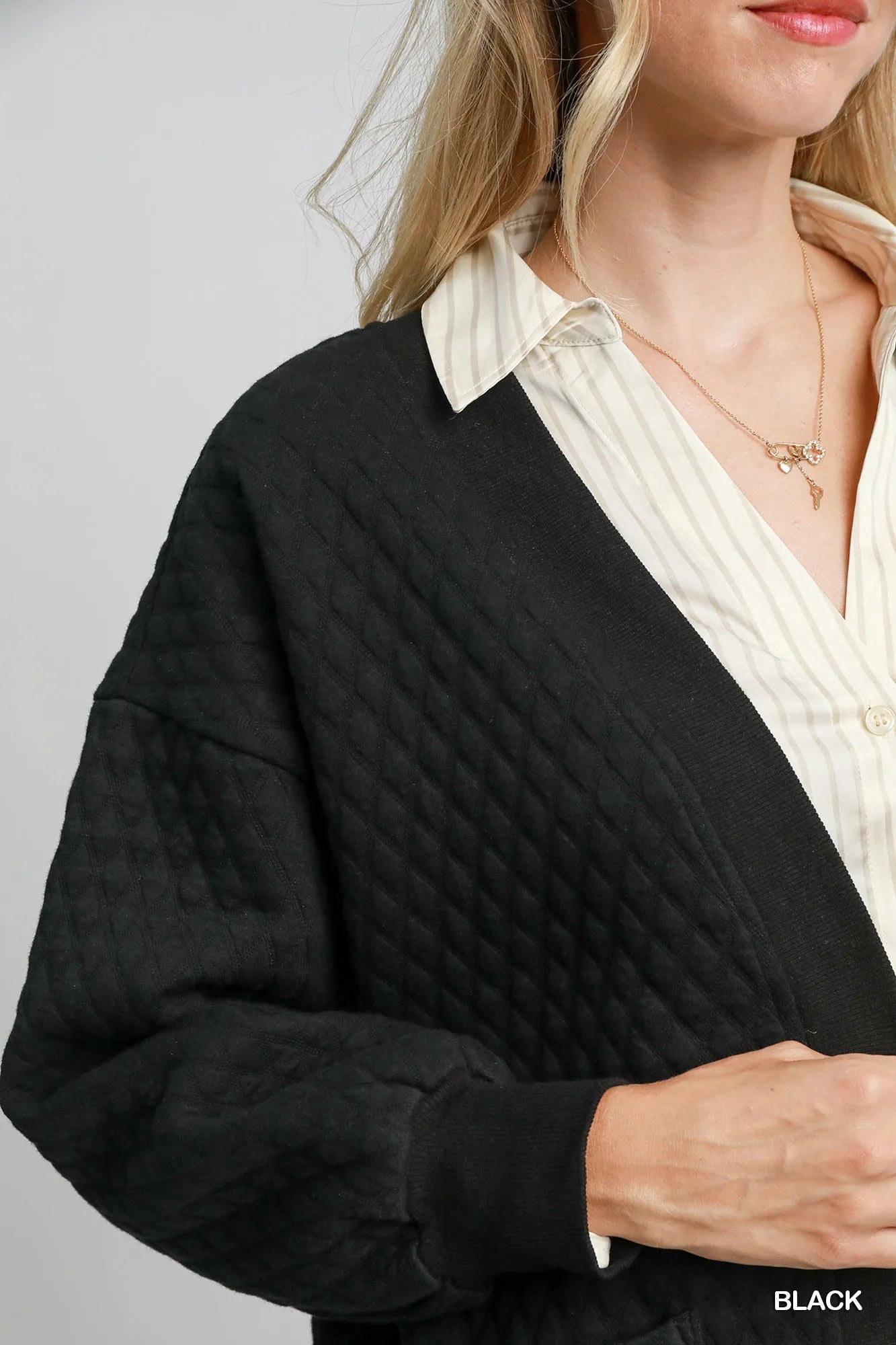 Black Umgee button-up jacquard cardigan with intricate woven pattern, styled with a classic collar and long sleeves.