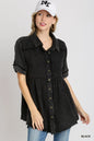 Black Umgee full-size cotton gauze button-front shirt, plus size, displayed on a hanger with a casual, relaxed fit.