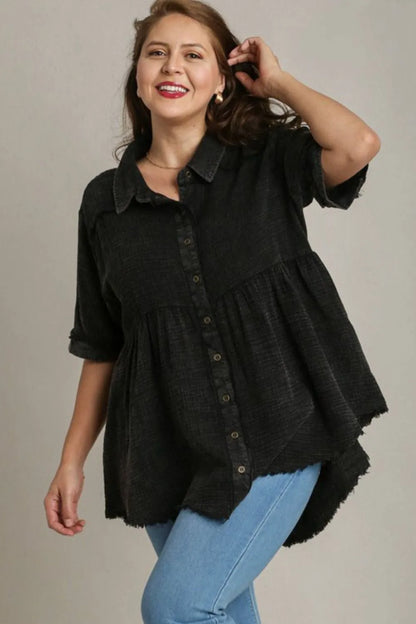 Black plus size cotton gauze button-front shirt by Umgee, shown on a model with a relaxed fit and casual style.