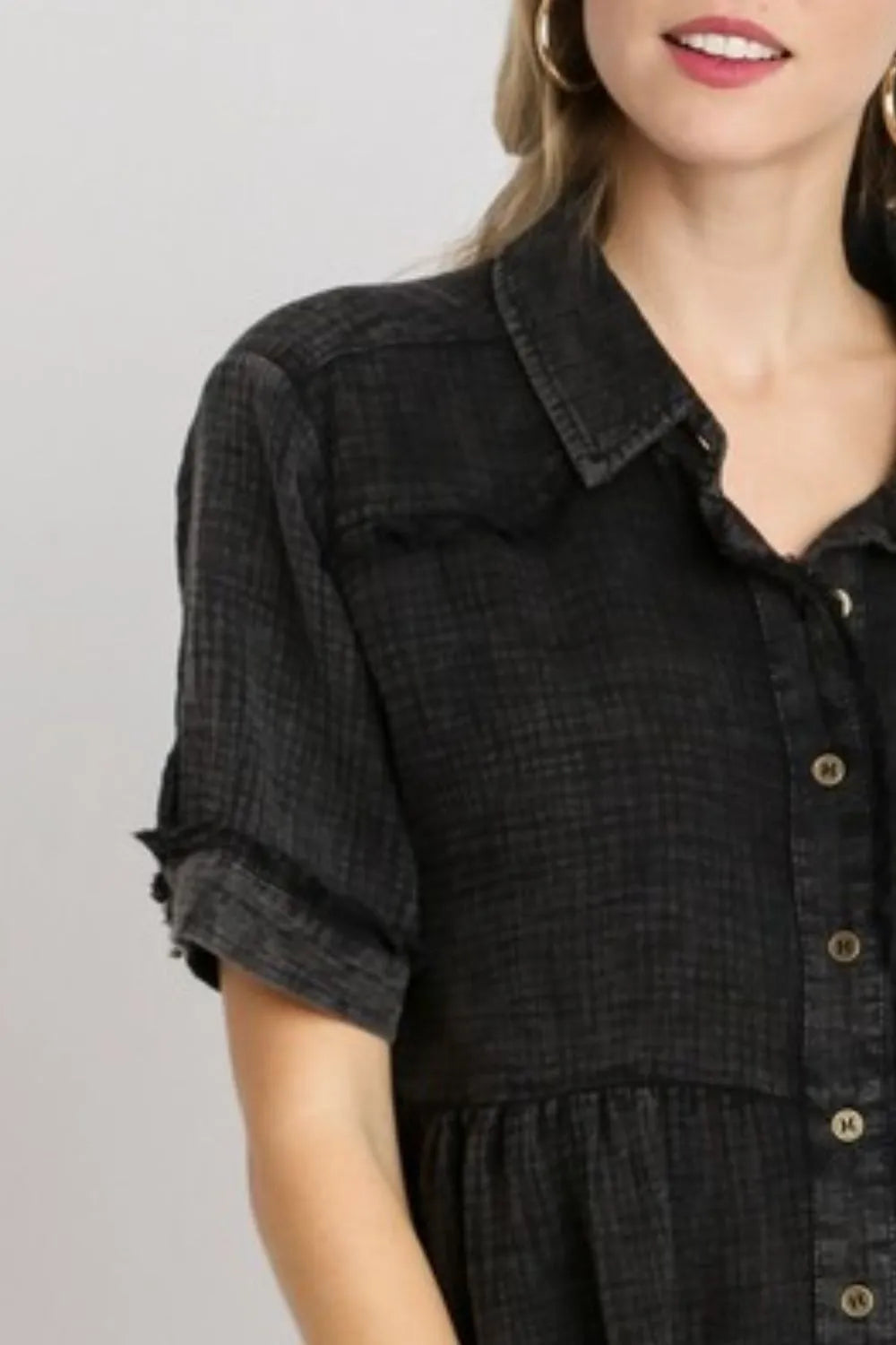 Plus size black cotton gauze button-front shirt by Umgee, featuring a relaxed fit and casual style.