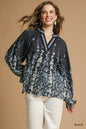 Plus size Umgee floral vine print blouse with balloon sleeves, stylish and comfortable women's top, black color, full size.