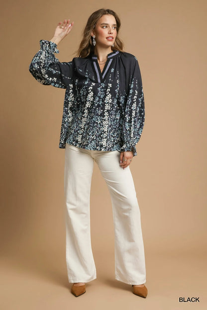 Plus size floral vine print blouse by Umgee with balloon sleeves, featuring a full-size fit and trendy design.
