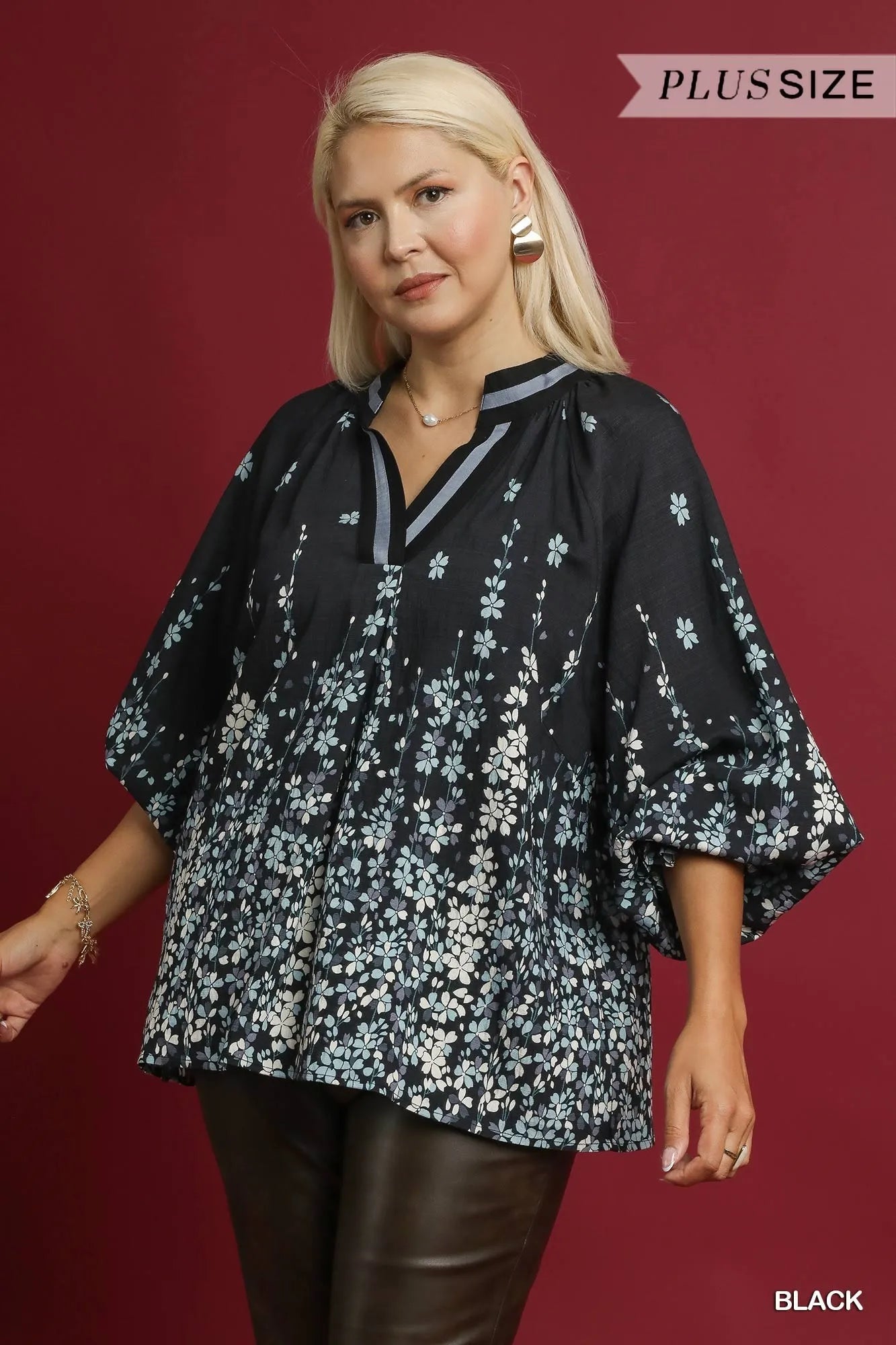 Plus size black floral vine print blouse with balloon sleeves by Umgee, stylish and comfortable for casual wear.