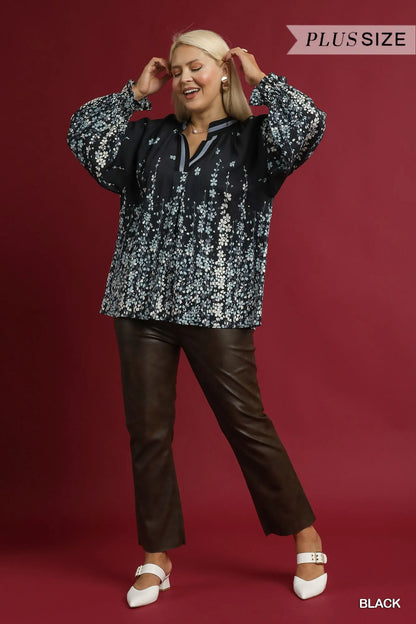 Plus size Umgee floral vine print blouse with balloon sleeves, black color, full size, stylish and comfortable for casual wear.