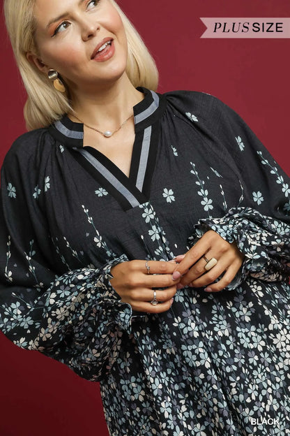 Plus size black floral vine print blouse with balloon sleeves by Umgee, stylish and flowy for a casual or dressy look.