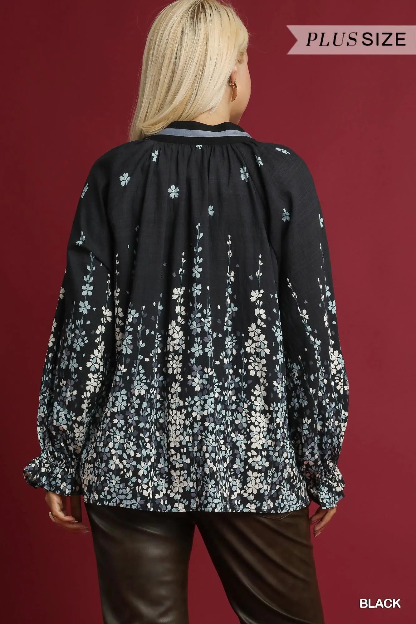 Plus size Umgee floral vine print blouse with balloon sleeves, featuring a full size fit and stylish design.