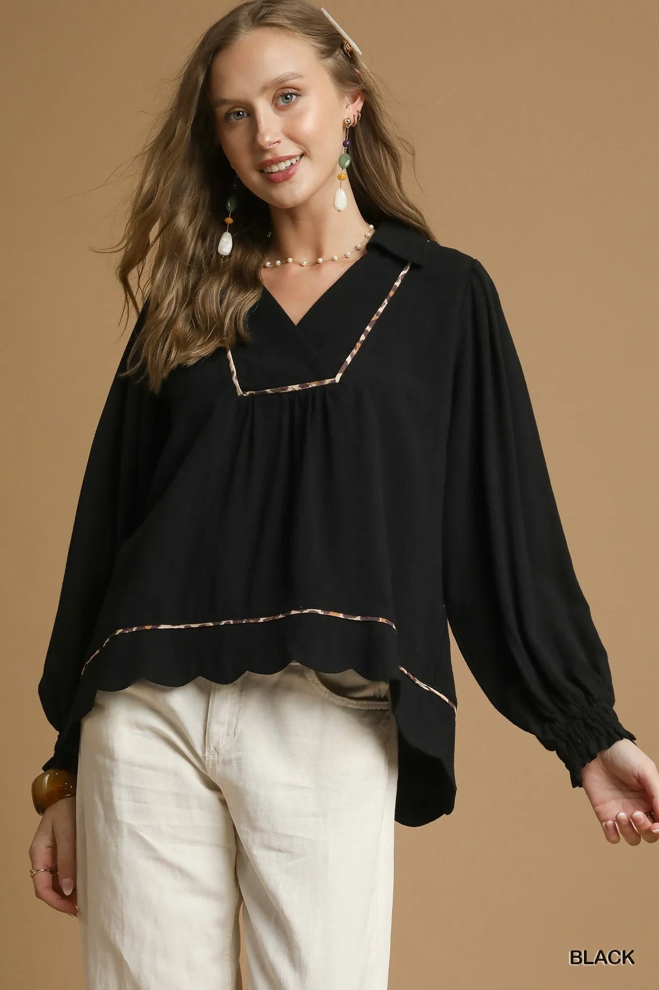 Black Umgee plus size linen blouse with scallop hem and contrast trim, featuring a relaxed fit and stylish design.