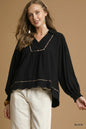 Black Umgee plus size linen blouse with scallop hem and contrast trim, featuring a relaxed fit and stylish design.