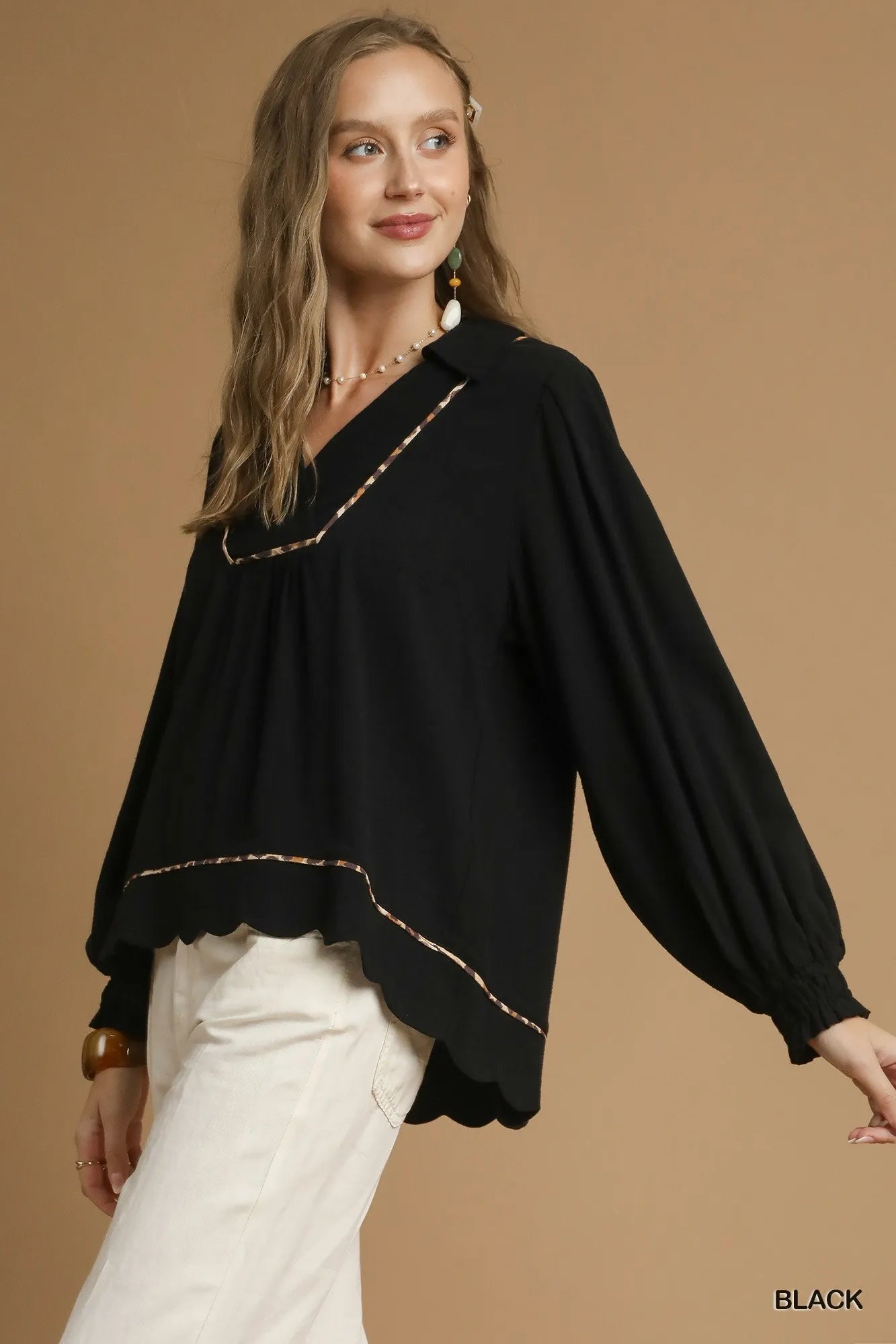 Black Umgee linen blouse with scallop hem and contrast trim, plus size, stylish and comfortable for casual wear.