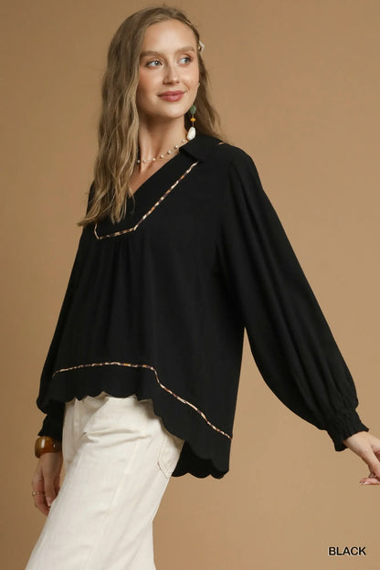 Black Umgee linen blouse with scallop hem and contrast trim, plus size, stylish and comfortable for casual wear.