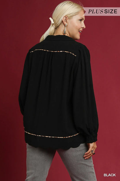 Black plus size linen blouse by Umgee with scallop hem and contrast trim, featuring a relaxed fit and stylish details.