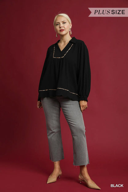 Black plus size linen blouse with scallop hem and contrast trim by Umgee, featuring a relaxed fit and stylish design.