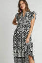 Plus size black Umgee midi dress with two-tone border print, ruffle cap sleeves, and a stylish, feminine design.