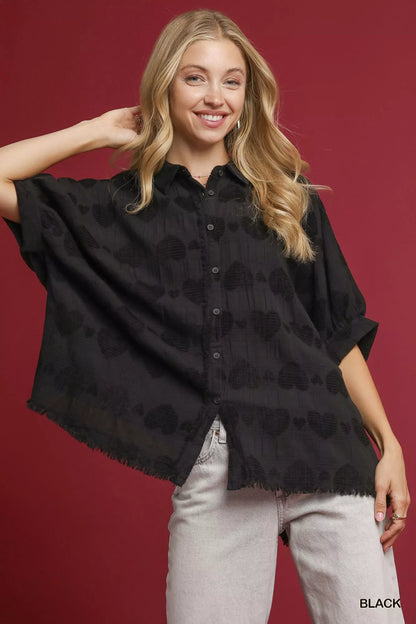 Black Umgee Jacquard Heart Collared Shirt with a classic collar and intricate heart pattern, stylish and comfortable for everyday wear.