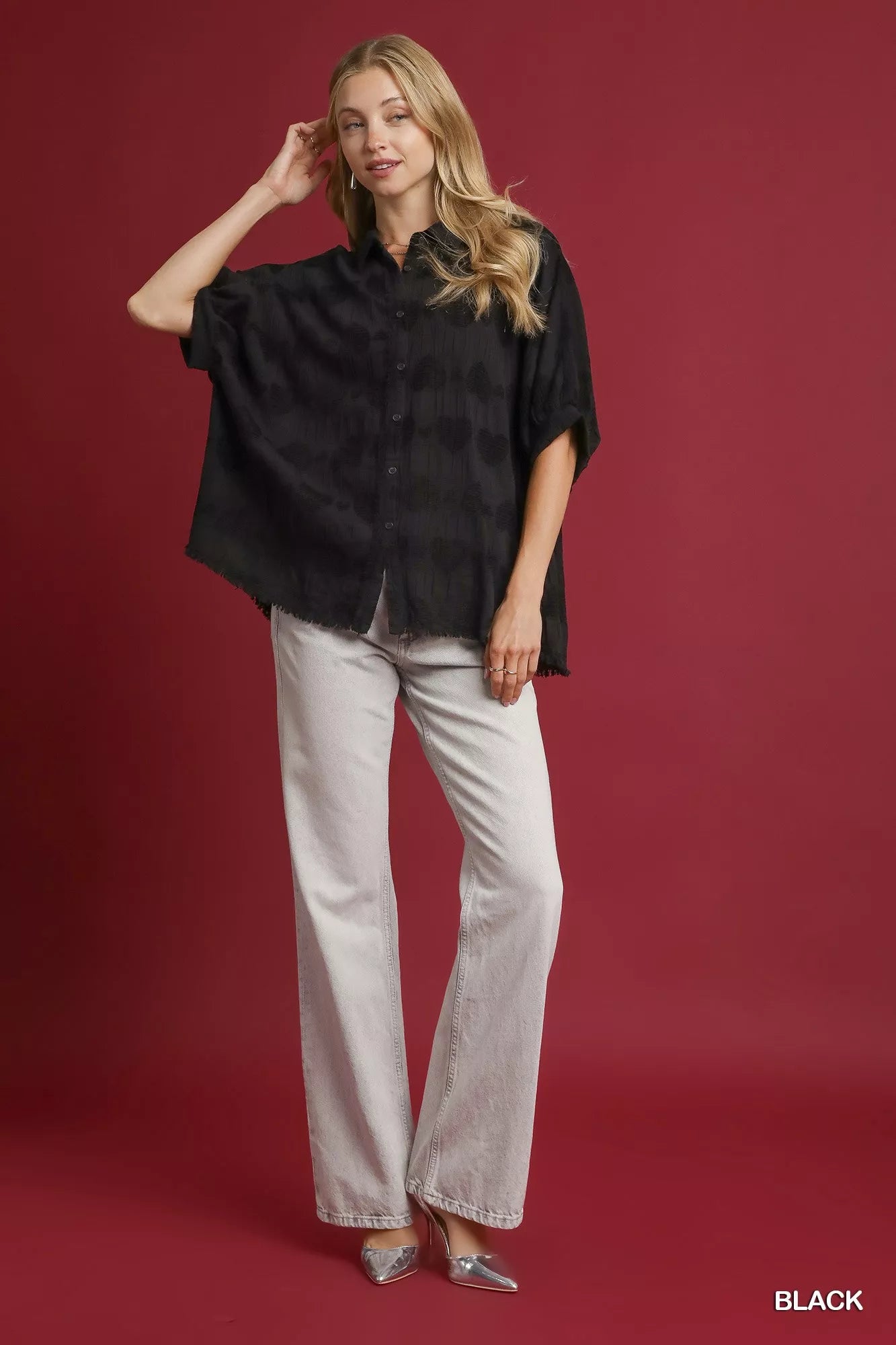 Black Umgee Jacquard Heart Collared Shirt with long sleeves and button front, stylish and comfortable for casual wear.