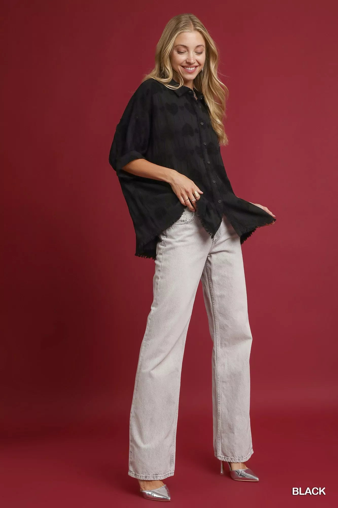Black Umgee Jacquard Heart Collared Shirt featuring a detailed pattern and button closure, styled with a classic collar.