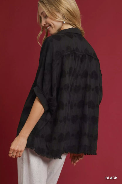 Black Umgee Jacquard Heart Collared Shirt with a button-up front and long sleeves, stylish and comfortable for everyday wear.