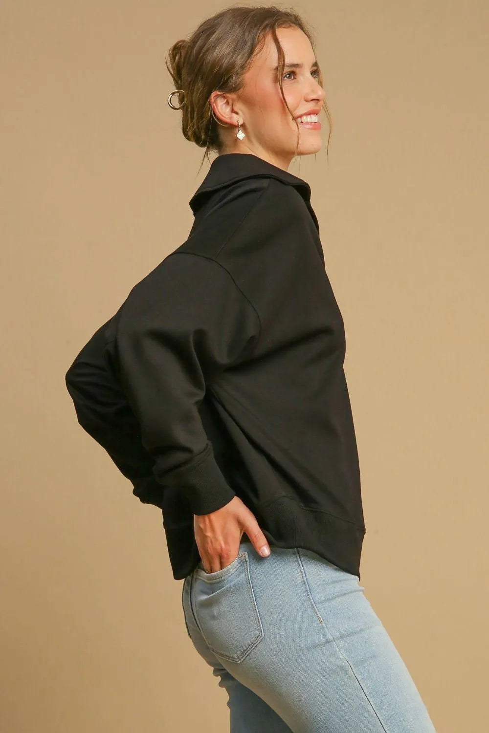 Black Umgee Johnny collar dropped shoulder sweatshirt with relaxed fit and casual style, featuring a cozy, comfortable design.