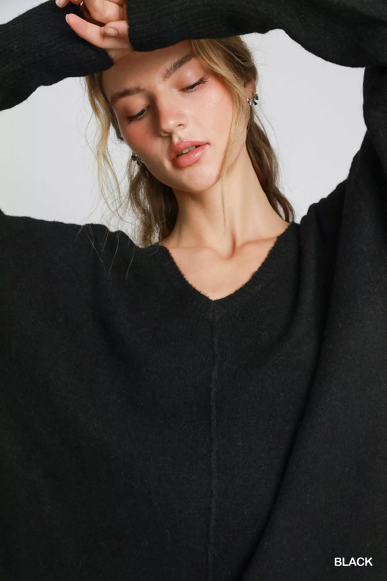 Black Umgee wool-blended pullover sweater from Trendsi, featuring a cozy, relaxed fit with long sleeves and ribbed cuffs.