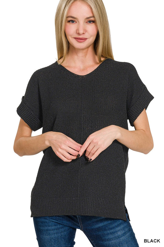 Black Zenana center seam short sleeve sweater with a relaxed fit, featuring a classic crew neckline and subtle seam details.