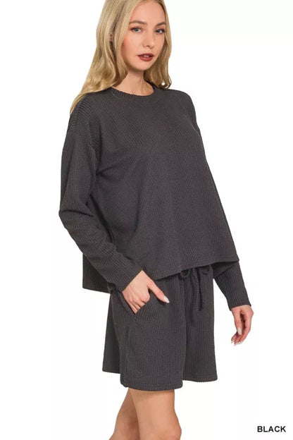 Black Zenana corded rib long sleeve tee and shorts set, casual loungewear with comfortable ribbed fabric and relaxed fit.