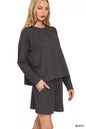 Black Zenana corded rib long sleeve tee and shorts set, casual loungewear with comfortable ribbed fabric and relaxed fit.