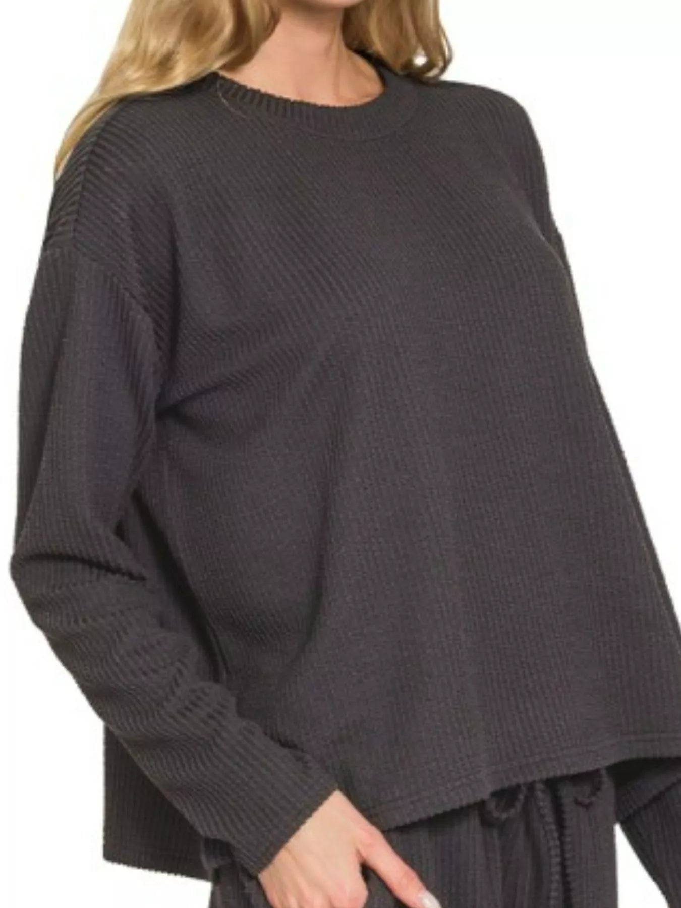 Black Zenana corded rib long sleeve tee and shorts set, casual loungewear with comfortable fit, styled for relaxed everyday wear.