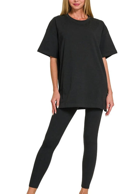 Black Zenana cotton round neck top and matching leggings set, casual loungewear from Trendsi.