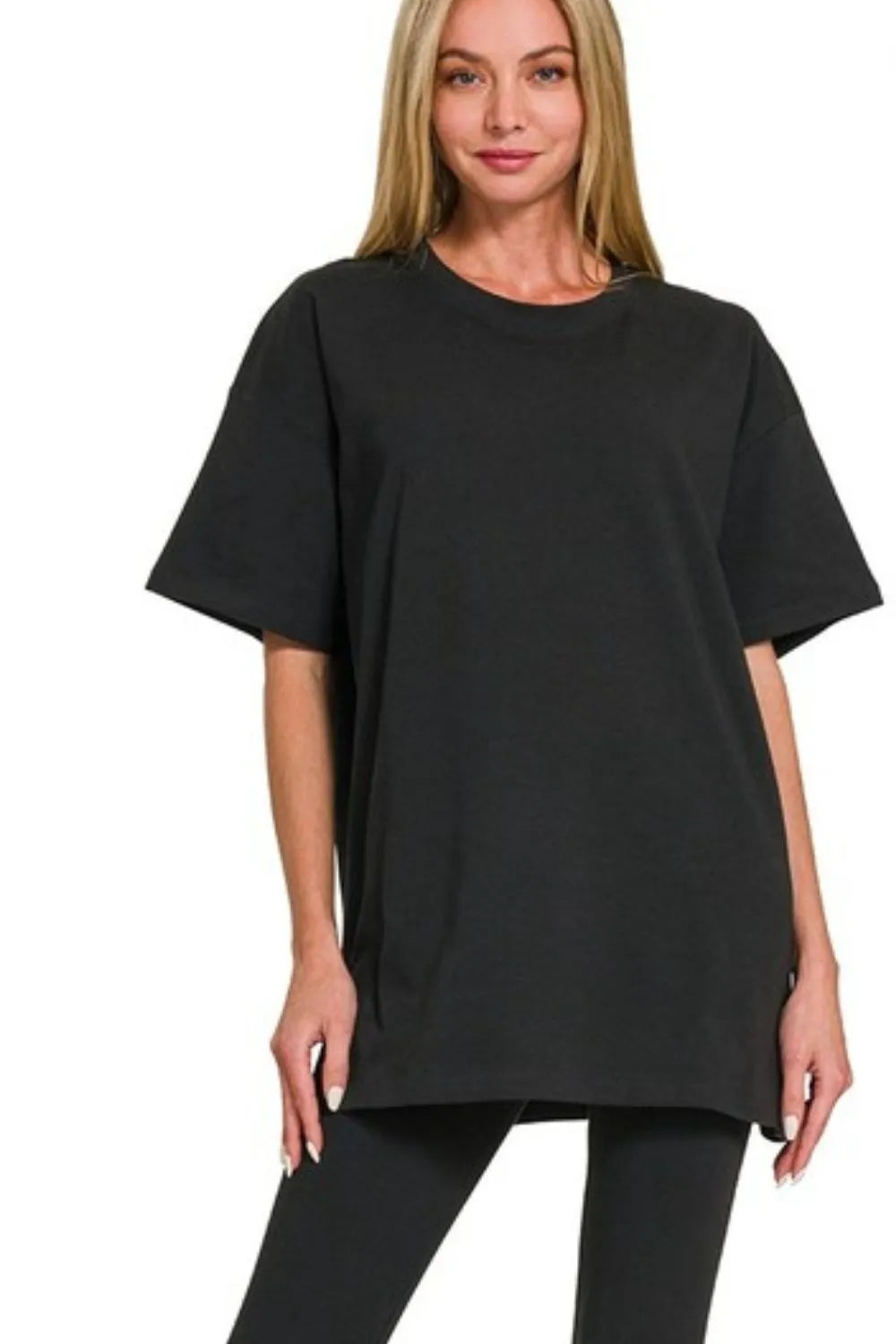 Black Zenana cotton round neck top and matching leggings set, casual and comfortable women's loungewear ensemble.
