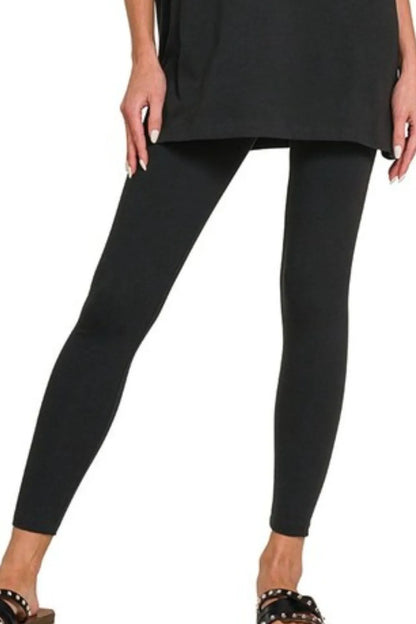 Black Zenana cotton round neck top and matching leggings set, casual loungewear look, soft and comfortable fabric.